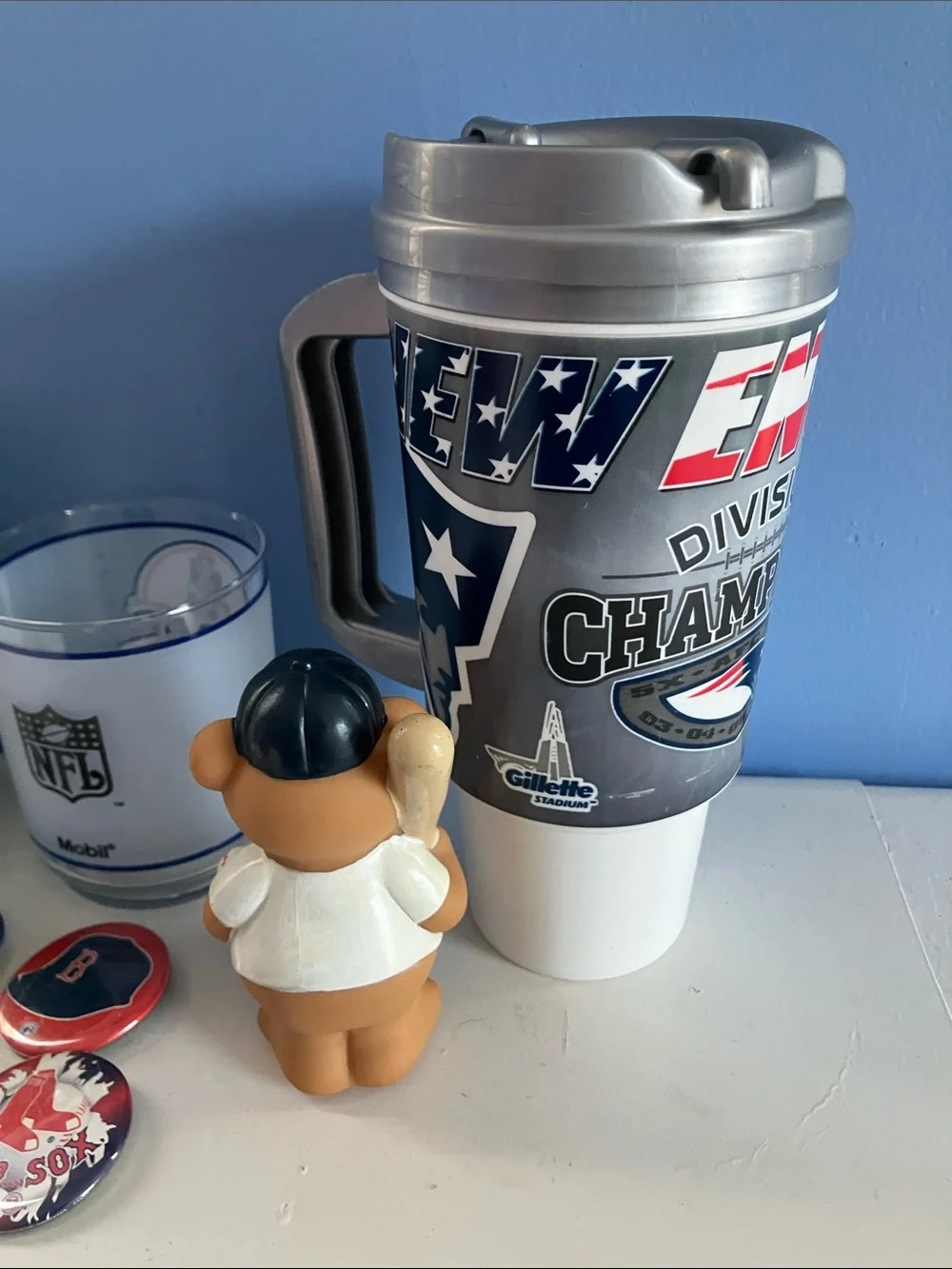 Bundle of New England Patriots and Boston Red Sox Cups and Pins and Bear